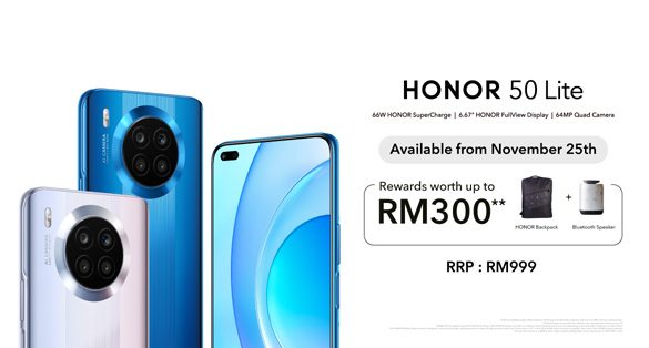 HONOR 50 Lite priced at only RM999 with FREE Gifts worth up to RM300, available nationwide from November 25th!
